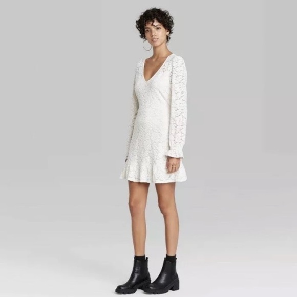 wild fable Dresses & Skirts - Wild Fable Dress Medium Juniors Mini Lace  Long Sleeve Cream Skater Dress NWT